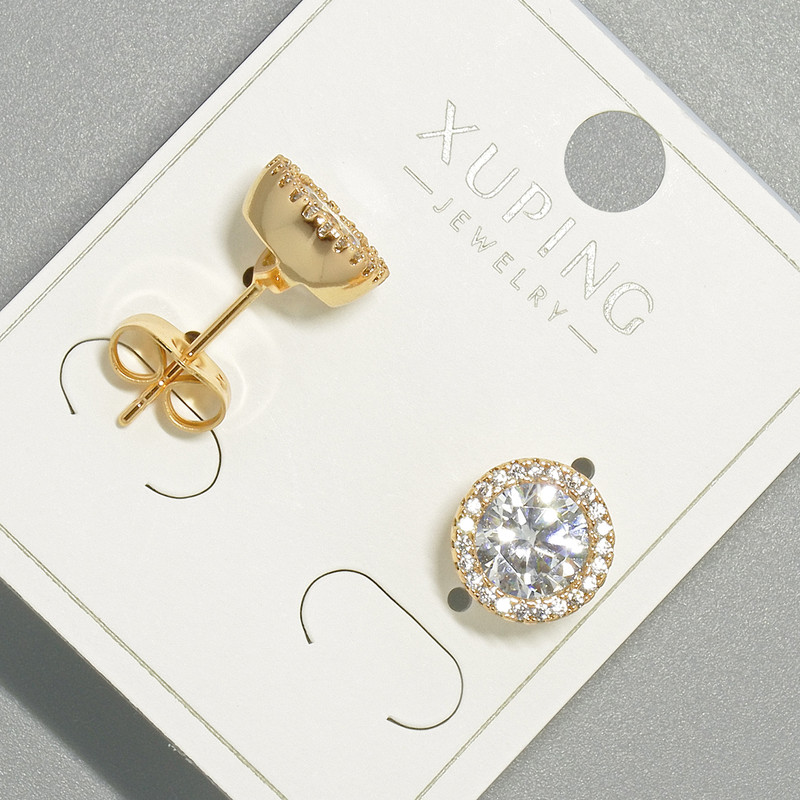 Xuping Stud Earrings with White Crystal, Round Setting, 9.5 mm Diameter, 18K Gold Plating