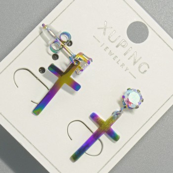 Stud earrings 'Cross' Xuping with a gasoline shade and a pink crystal, diameter 10x18 mm, length 24.5 mm+