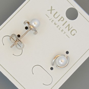 Xuping Stud Earrings with White Bead, 7x9 mm, Rhodium-Plated