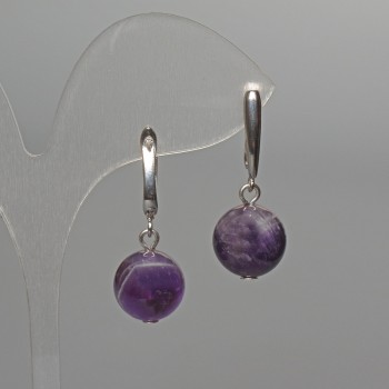 Amethyst Earrings - Natural Stone Smooth Bead, 12.5 mm diameter, 32 mm length, English Clasp
