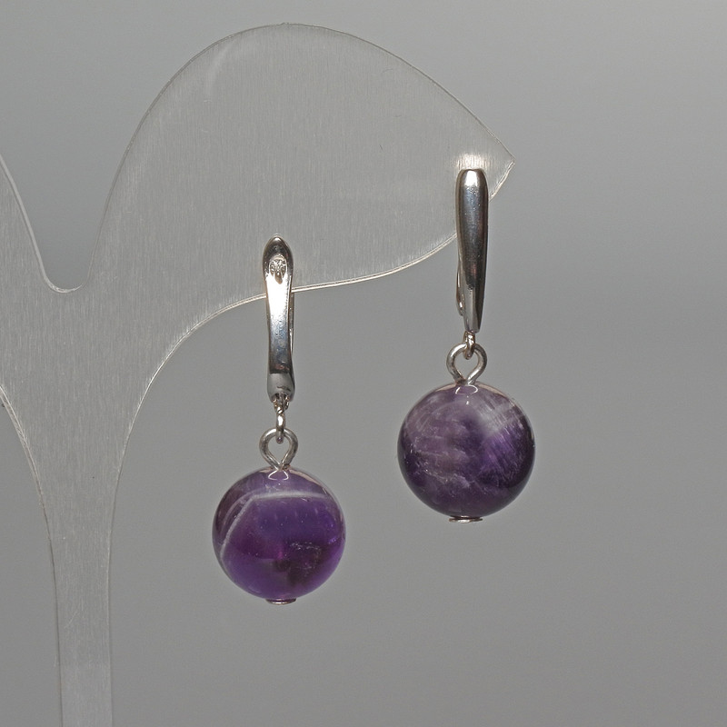 Amethyst Earrings - Natural Stone Smooth Bead, 12.5 mm diameter, 32 mm length, English Clasp