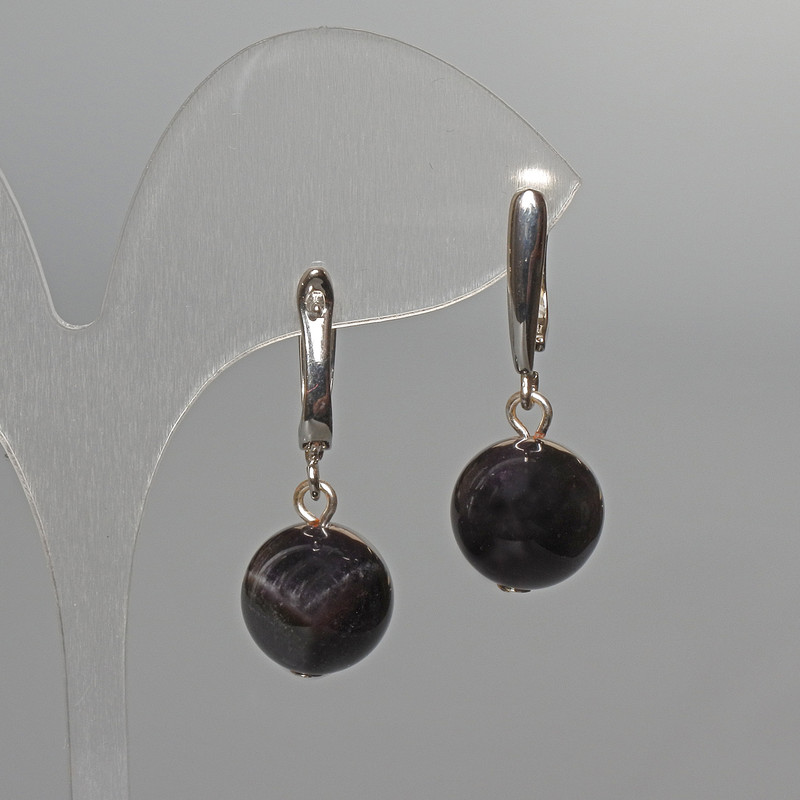 Earrings with natural amethyst, smooth ball bead, diameter 12.5 mm, length 32 mm, English clasp