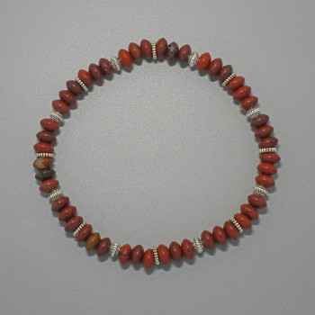 Bracelet made of red jasper natural stone, smooth rondel beads, diameter 6.5x3.5 mm, length 18 cm (+-), stretch with metal inserts