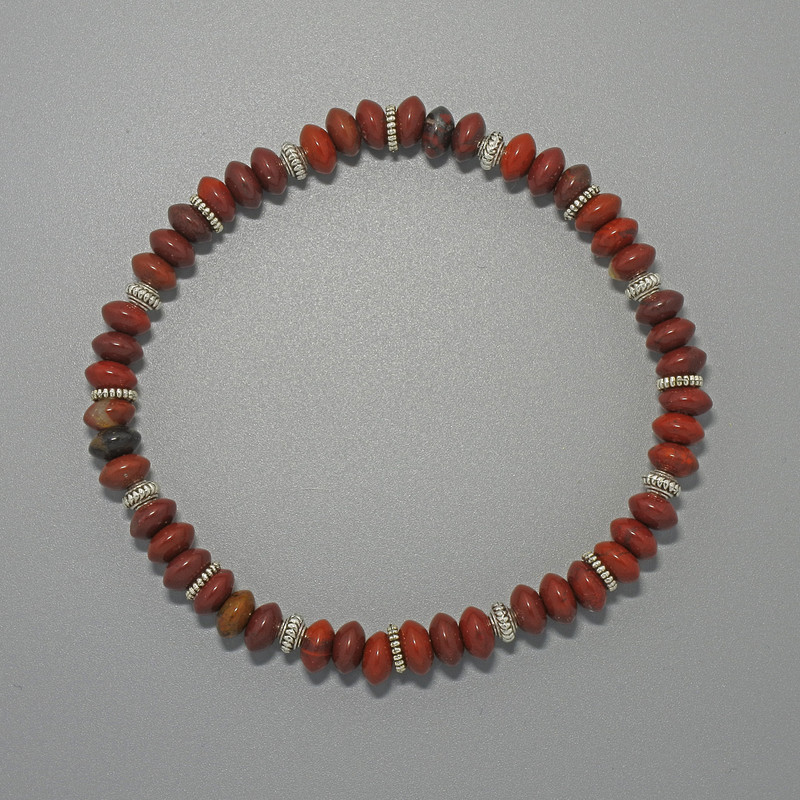 Bracelet made of red jasper natural stone, smooth rondel beads, diameter 6.5x3.5 mm, length 18 cm (+-), stretch with metal inserts