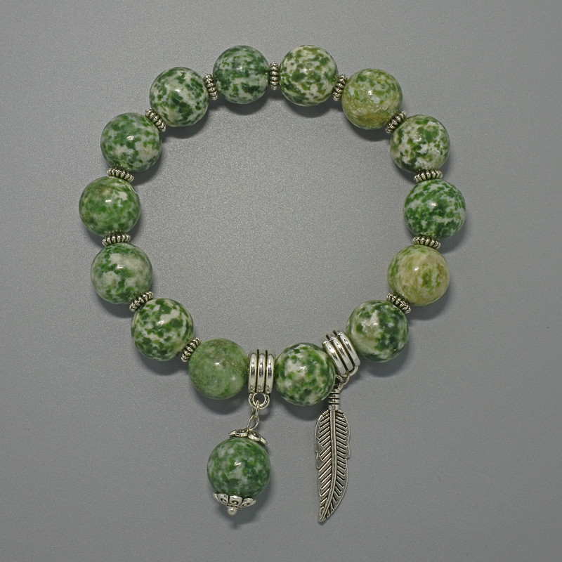 Mossy Agate Bracelet (Imitation) Smooth Bead, Diameter 12.5 mm, Length 18 cm +/- (Stretch) with Metal Inserts