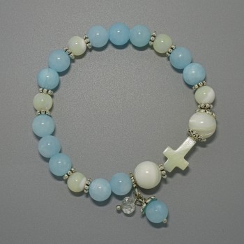 Aquamarine Bracelet (Imitation Acrylic) and Smooth Pearl Beads, diameters 10mm, 8mm, 7.5mm +/-, length 18cm +/- (stretch) with metal inserts