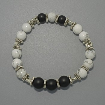 Bracelet of Shungite and Kaholong with Smooth Beads, diameter 10 mm, 8.5 mm +/-, length 18 cm +/- (stretch) with metal inserts