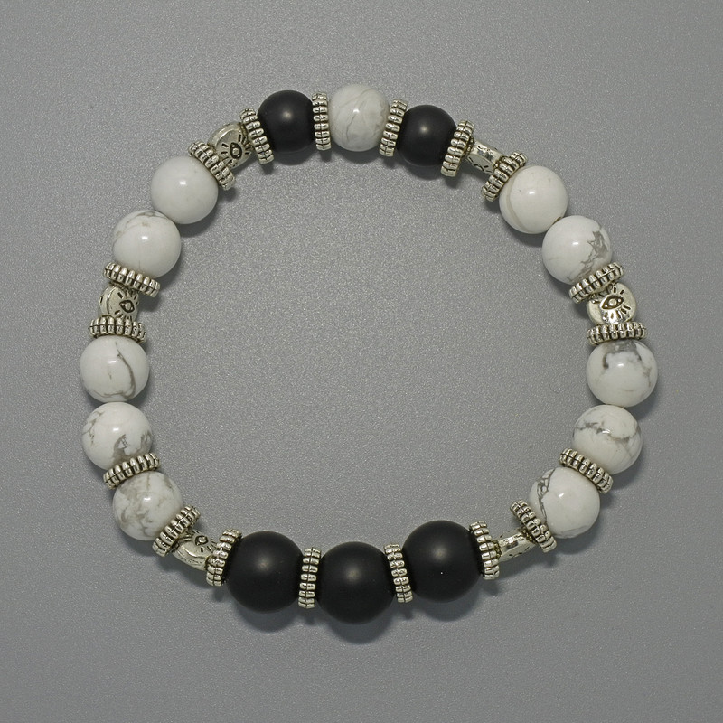 Bracelet of Shungite and Kaholong with Smooth Beads, diameter 10 mm, 8.5 mm +/-, length 18 cm +/- (stretch) with metal inserts