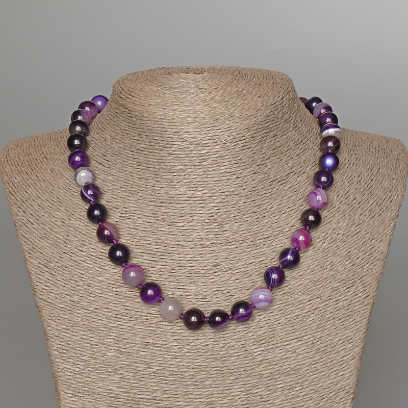Purple Agate Necklace with Natural Stone Smooth Beads, 10 mm Diameter, 47 cm Length