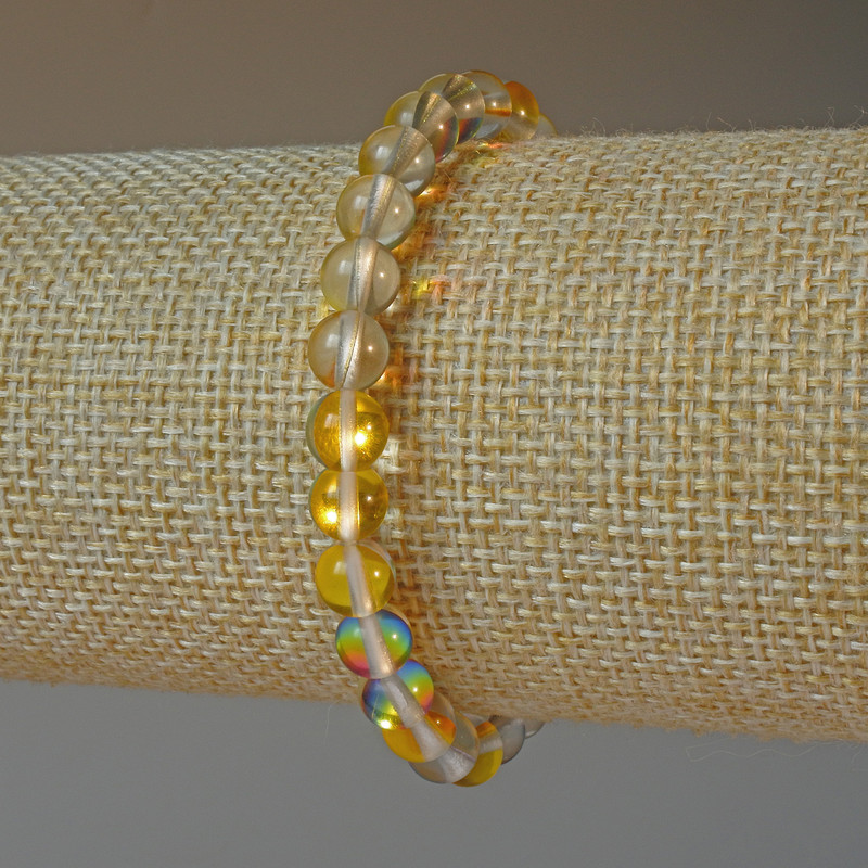 Bracelet with Opal Glass «Yellow Chameleon», smooth beads, 6.5 mm diameter, 18 cm length (stretch)