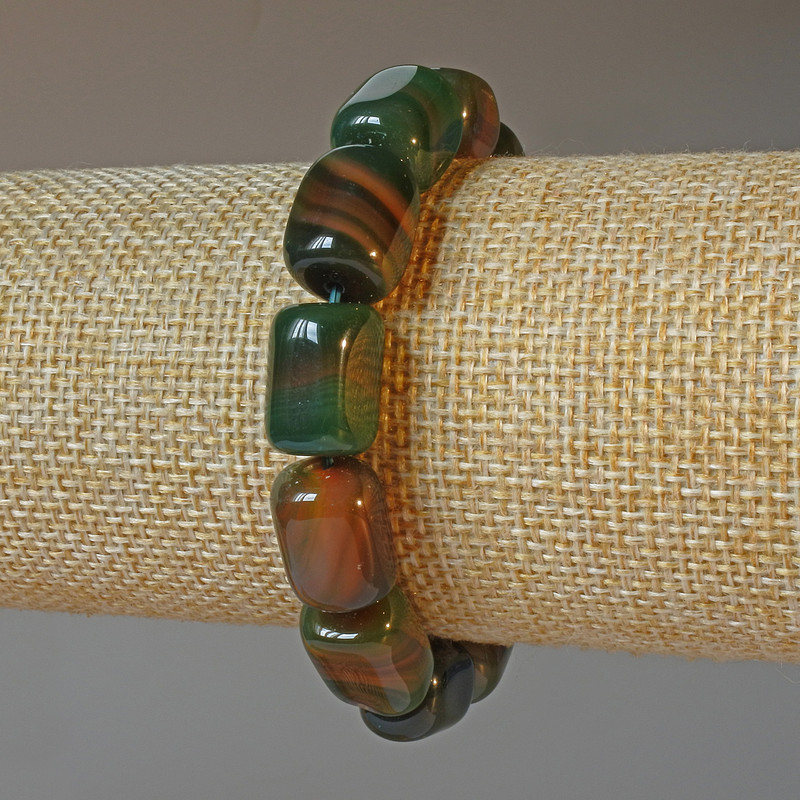 Green Agate Bracelet, Natural Stone Bar Beads, 11x15 mm, Length 18 cm (Stretch)