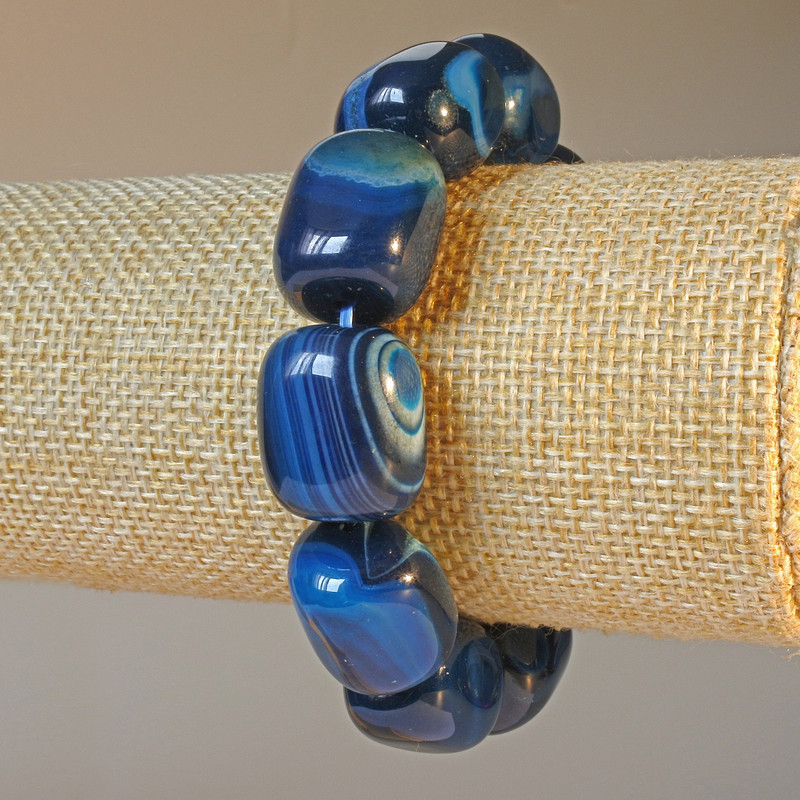 Blue agate bracelet, natural stone, bar-shaped, 15×19 mm, length 18 cm (stretch)