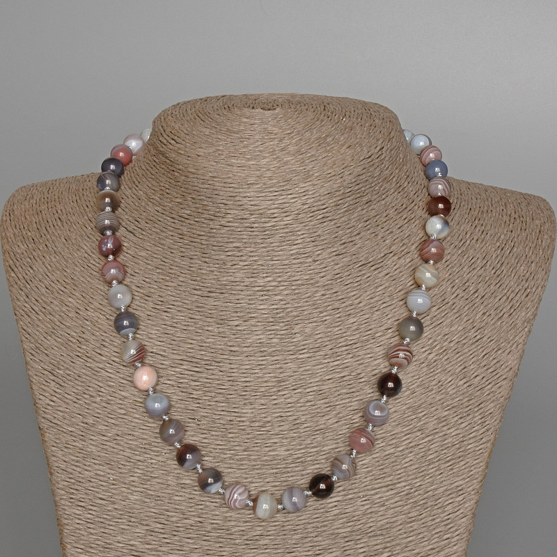 Botswana Agate Necklace, Natural Stone Smooth Beads, 8.5 mm Diameter, 48 cm Length