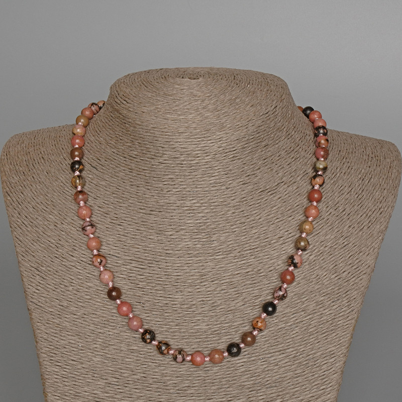 Rhodonite natural stone necklace with smooth beads, 7 mm diameter, 49 cm length