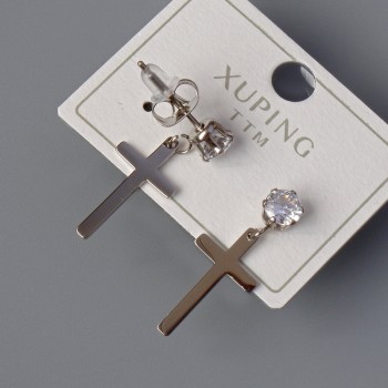 Stud earrings 'Cross' Xuping with white crystal, diameter 10×18 mm, length 24.5 mm +/- rhodium