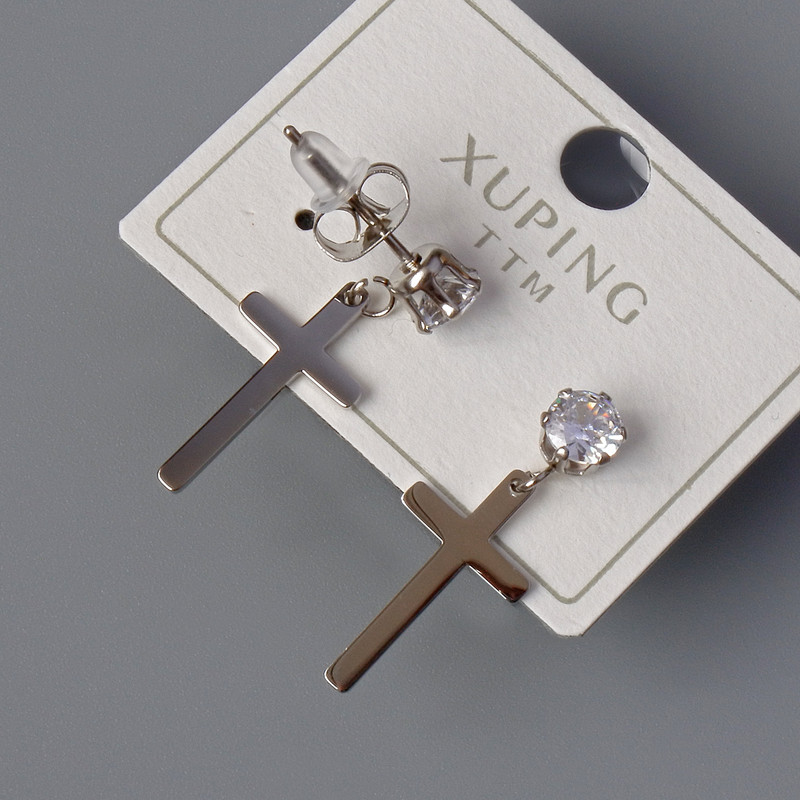 Stud earrings 'Cross' Xuping with white crystal, diameter 10×18 mm, length 24.5 mm +/- rhodium