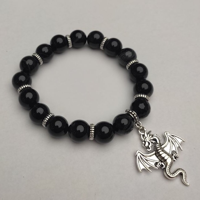 Black Agate Bracelet (pressed) Smooth Beads, 10 mm diameter, 18 cm length, stretch, with metal inlays