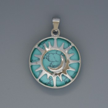 Sun Turquoise Pendant, 27mm diameter ±, 37mm length ±, in a silver-tone setting
