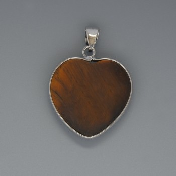 Heart Pendant with Tiger's Eye, diameter 26x26mm ±, length 36mm ±, in a silver-toned setting
