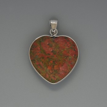 Pendant Heart Heliotrope Jasper, 26×26 mm diameter, 36 mm length, in a silver-tone setting