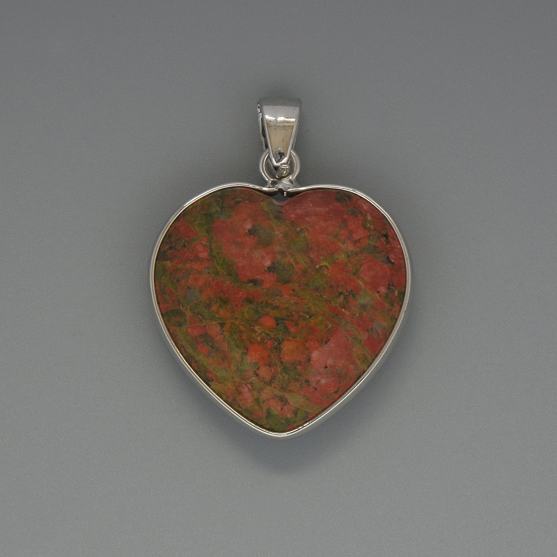 Pendant Heart Heliotrope Jasper, 26×26 mm diameter, 36 mm length, in a silver-tone setting