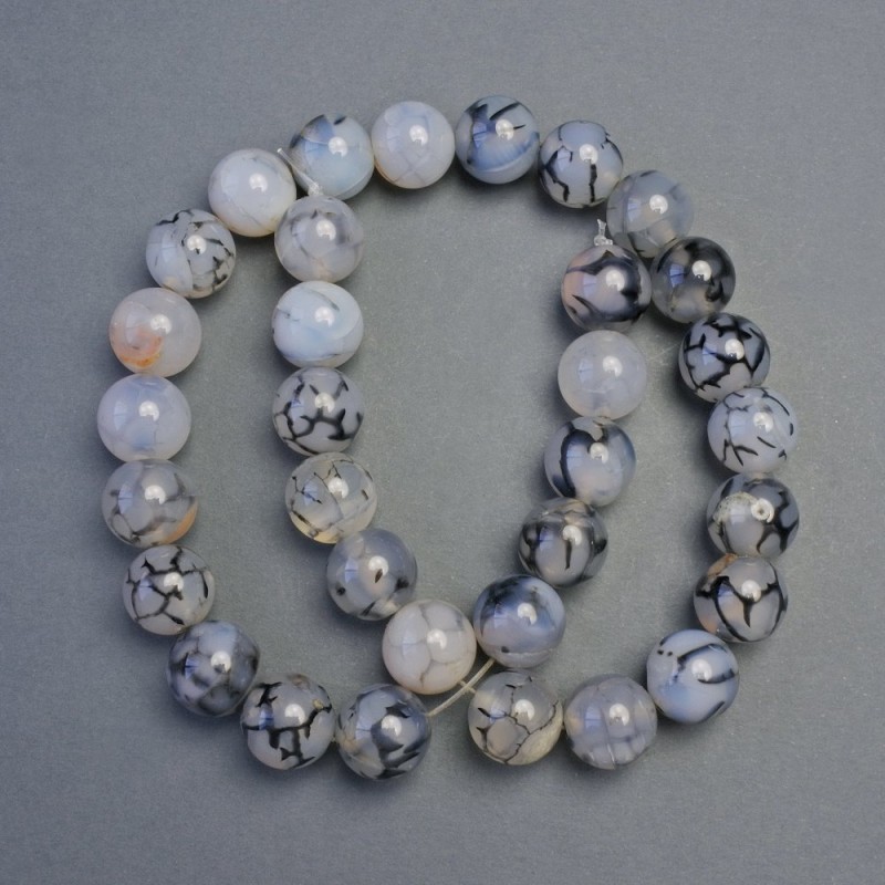 Agate Dragon Veins beads, smooth round, 12 mm diameter, 39 cm length ± on thread