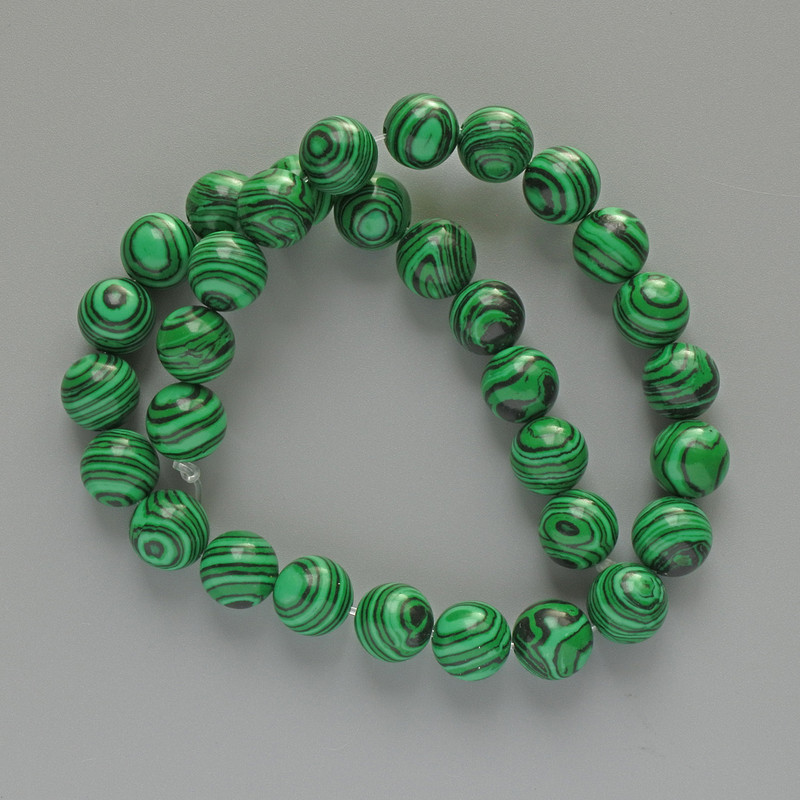Malachite Beads (Pressed) Smooth Round Beads, 12 mm diameter, 37 mm length on thread