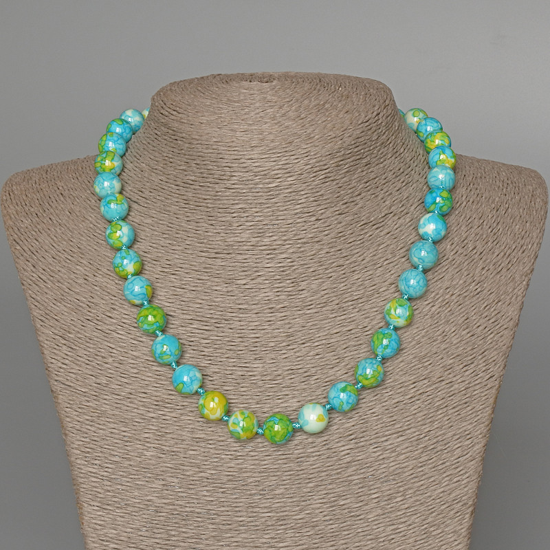 Necklace 'Variscite' (imitation acrylic) blue, white, and yellow colors, smooth bead, diameter 10 mm, length 48 cm