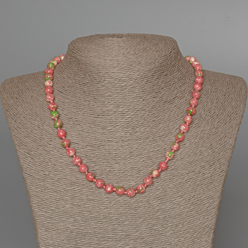 Necklace 'Variscite' (imitation acrylic) pink, white and green colors, smooth bead, diameter 6.5 mm, length 48 cm