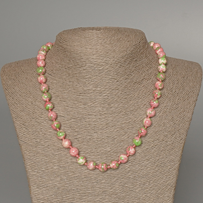 Necklace 'Variscite' (imitation acrylic) pink, white, and green colors, smooth bead, diameter 8.5 mm, length 48 cm