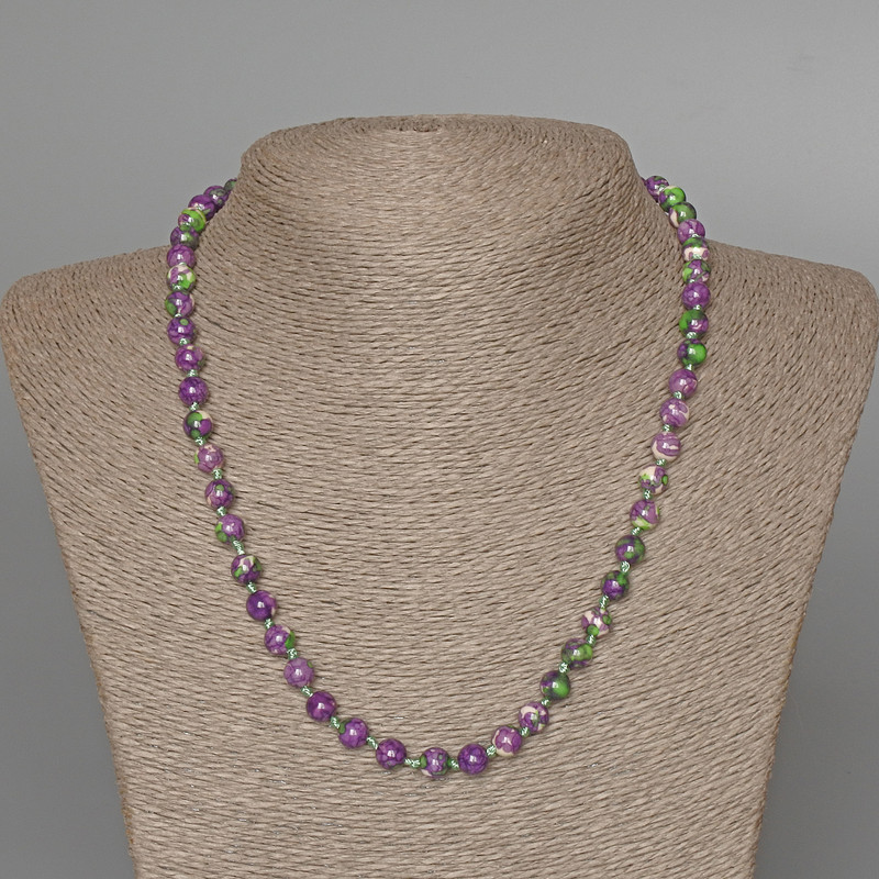 Necklace 'Variscite' (imitation acrylic) purple, white, and green colors, smooth bead, diameter 6.5 mm, length 47 cm ±