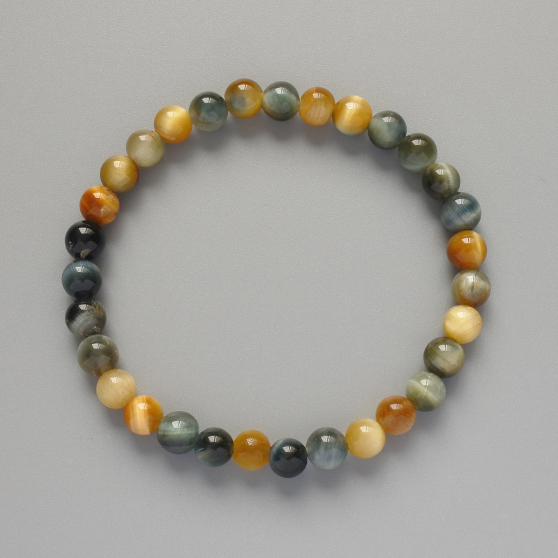 Yellow-gray Cat's Eye Bracelet, Natural Stone, Smooth Bead, Diameter 6.5 mm, Length 18 cm (Stretch)