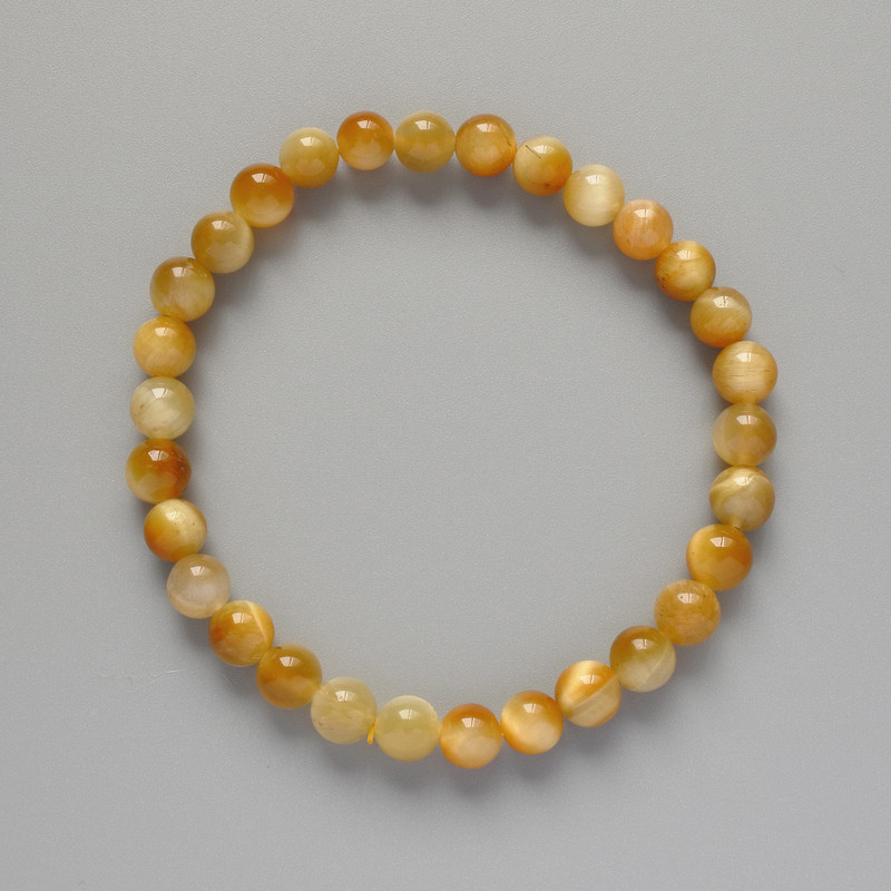 Bracelet Yellow Cat's Eye natural stone smooth bead, diameter 6.5 mm, length 18 cm (stretch)