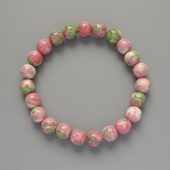 Bracelet "Variscite" (Imitation acrylic) pink, white and green colors, smooth bead, diameter 8.5 mm, length 18 cm ± (stretch)