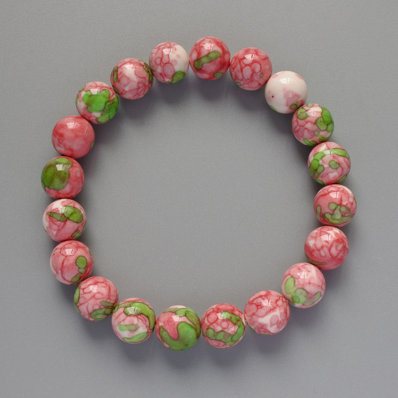 Bracelet 'Variscite' (imitation acrylic) pink, white and green colors, smooth bead, diameter 10mm+-, length 18cm+- (stretch)