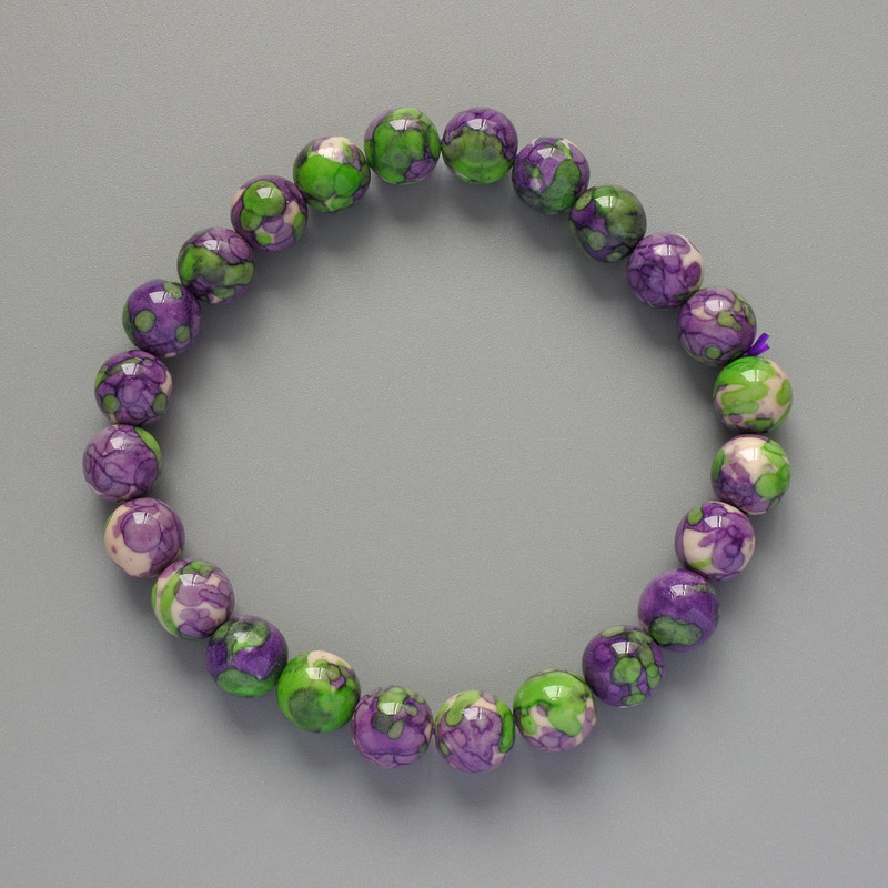 Bracelet 'Variscite' (Imitation Acrylic) Purple, White, and Green Colors, Smooth Bead, Diameter 8.5 mm ±, Length 18 cm ± (Stretch)