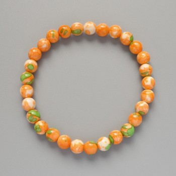 Bracelet 'Variscite' (imit. acrylic) green, orange and white colors, smooth beads, diameter 7mm+-, length 18cm+- (stretch)