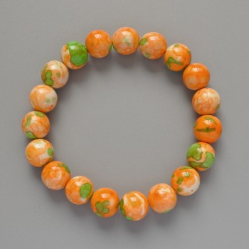 Bracelet 'Variscite' (acrylic imitation) green, orange and white colors, smooth beads, diameter 10 mm, length 18 cm ± (stretch)