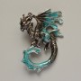 Dragon Brooch Pendant with Black and Turquoise Enamel and Glittering Accents, Silver-Toned Metal 42×58 mm