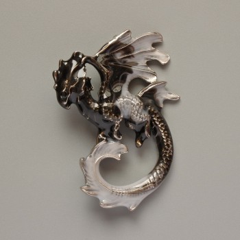 Dragon brooch pendant with black and gray enamel and silver-toned metal, 42×58 mm