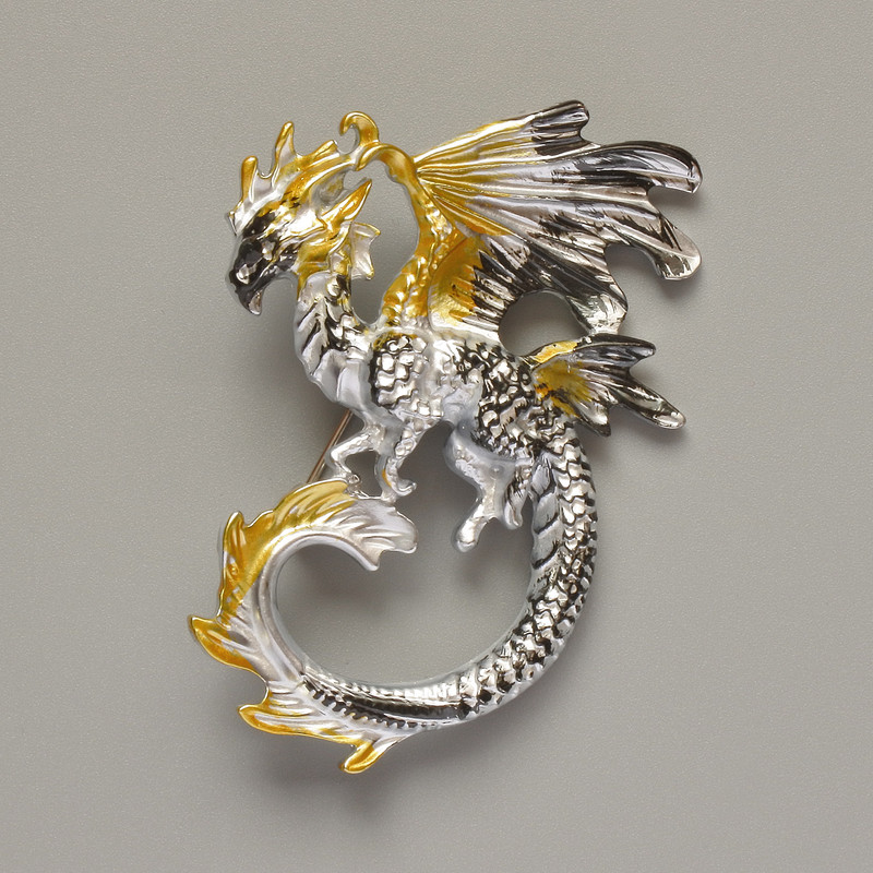Dragon pendant-brooch with yellow, black, and gray matte enamel on silver-toned metal 42x58 mm