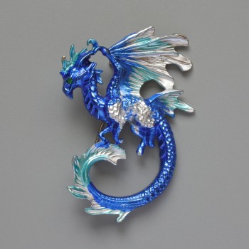 Dragon Brooch-Pendant with Blue-Gray Enamel, Silver Metal, 42×58 mm