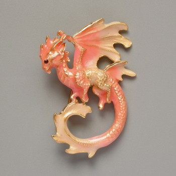 Dragon Brooch-Pendant Pink and Beige Enamel on Gold-Toned Metal 42 x 58 mm