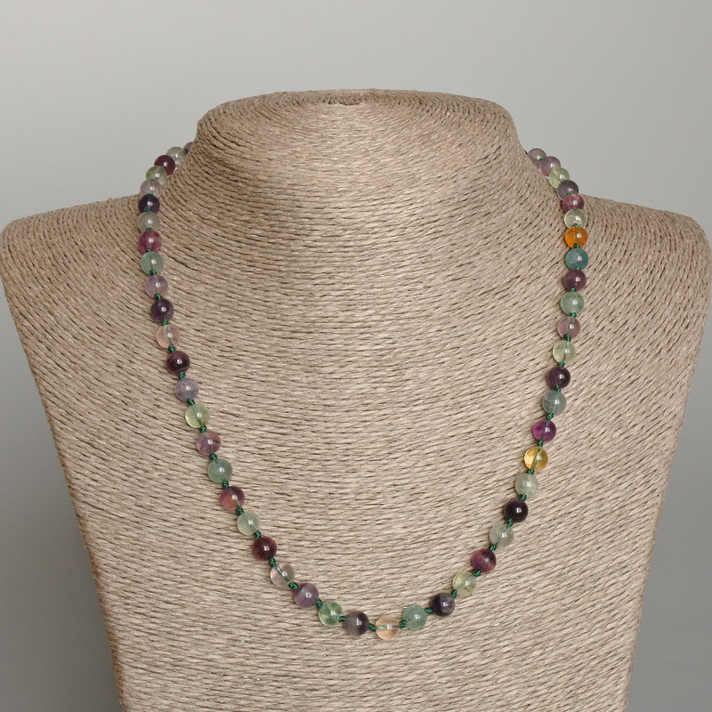 Fluorite Necklace with natural stone smooth beads, 6.5 mm diameter, 49 cm length