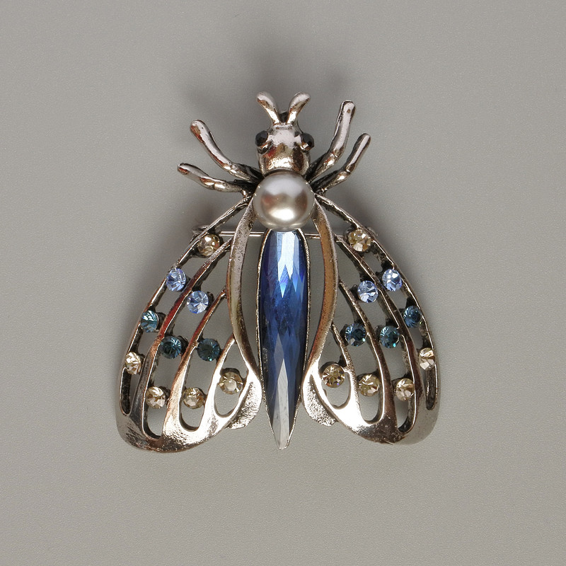 Brooch pendant Butterfly blue crystal, multicolored rhinestones, silvery metal 44x48 mm