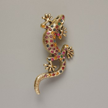 Lizard Brooch with Multicolored Rhinestones on Golden Metal 29x63mm