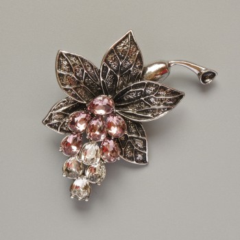 Brooch pendant 'Flower' with white and pink crystals, dark-silver metal 43×60 mm