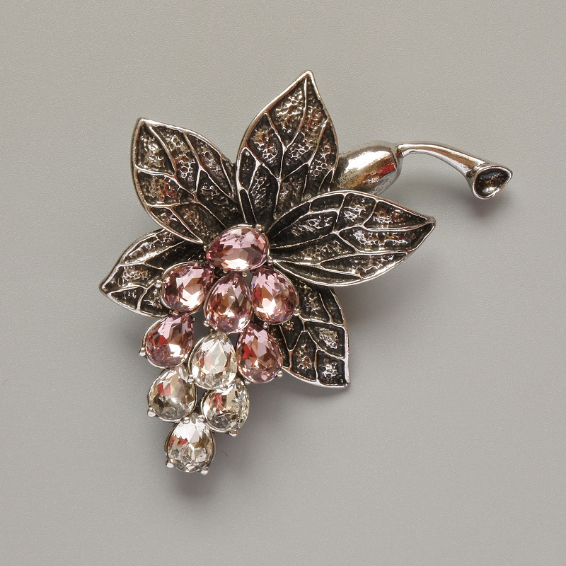Brooch pendant 'Flower' with white and pink crystals, dark-silver metal 43×60 mm