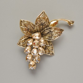 Flower Brooch-Pendant with Yellow Crystals, Golden Metal 43x60 mm