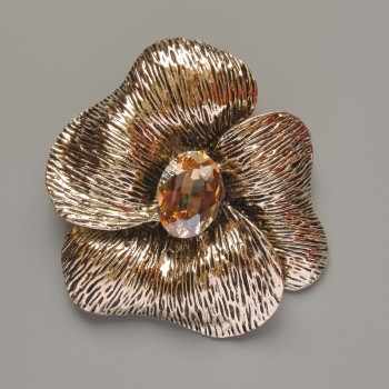 Flower Brooch-Pendant with Yellow Crystal and Light-Gold Metal, 55×63 mm